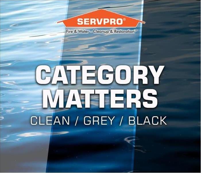 Picture of water in 3 different shades of blue and frase "category matters clean / gray / black" and SERVPRO logo