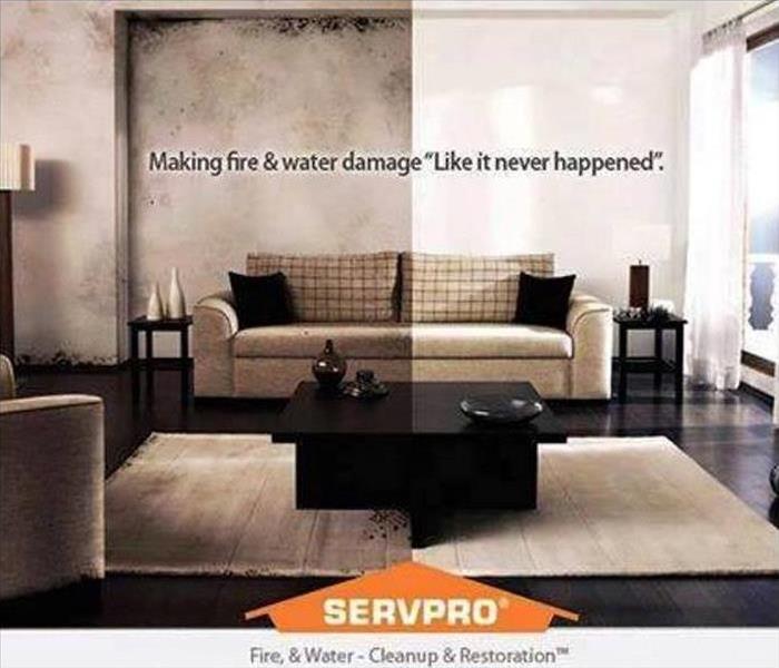 a living room shown with left side affected by fire damage and right side cleaned up with SERVPRO logo and tag line