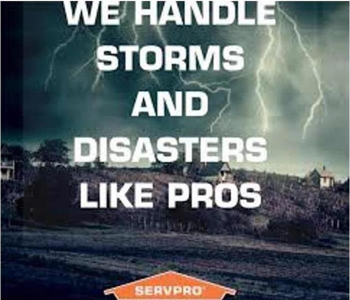 stormy background of houses and trees and text saying We handle storms and disasters like pros and SERVPRO logo below