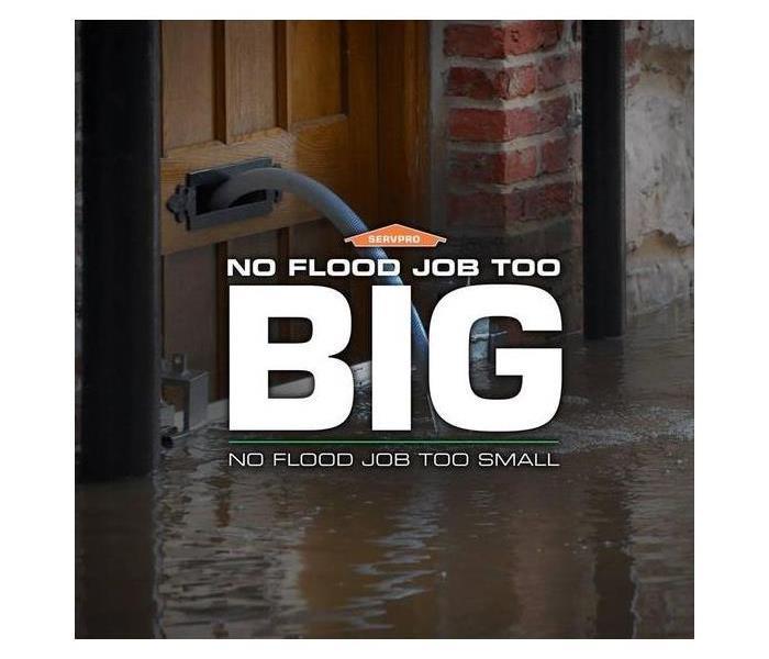 A front door with water coming out of mail box and SERVPRO logo with text saying No flood job to big no flood job too small